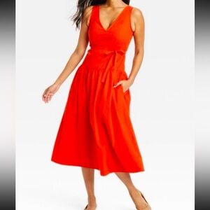 Women's Tie-Waist Midi A-Line Red Dress Universal Threads Size XL NWT